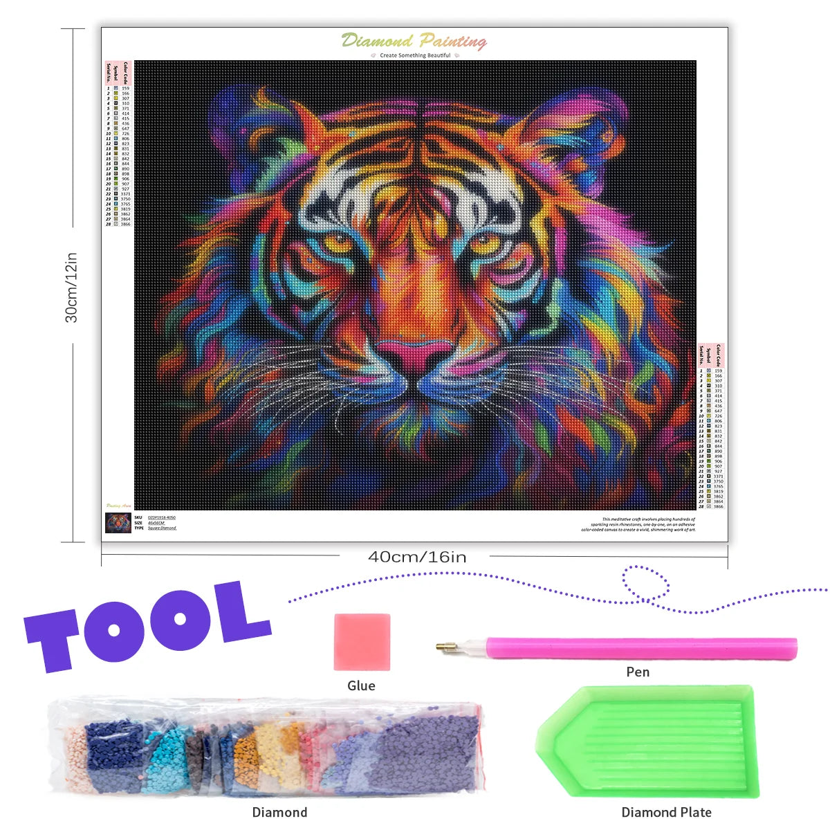 5D Diamond Embroidery Kit Handpainted Tiger Cross Stitch Full round DIY Home Decor 30x40cm/12x16inch Animal Design