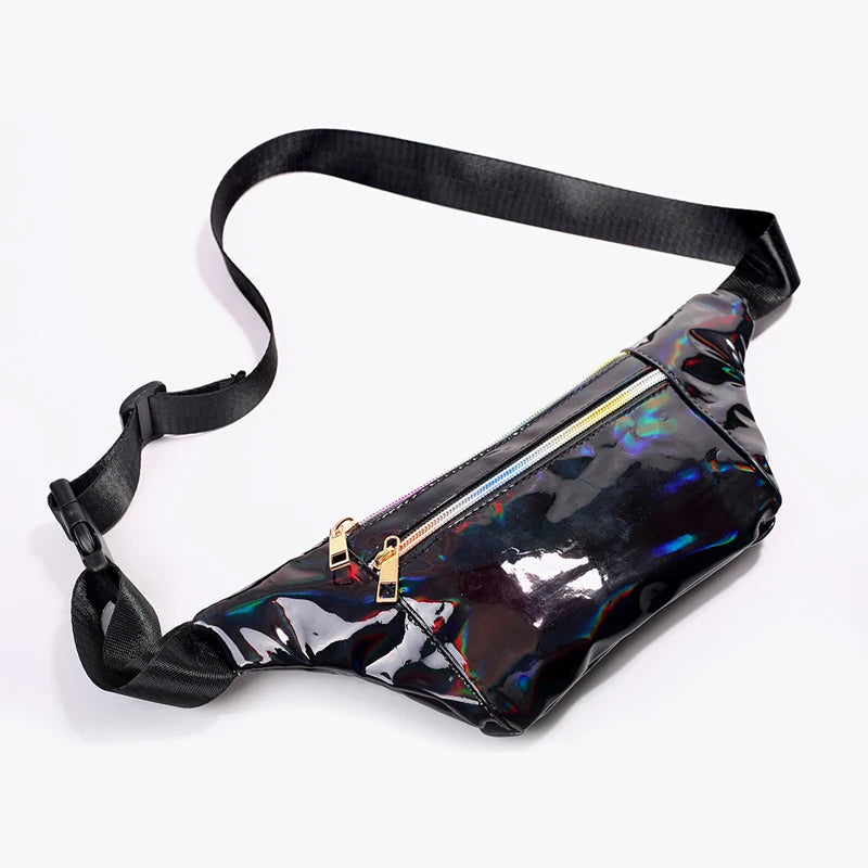 Lightweight PU Laser Holographic Travel Women's Waterproof Fanny Pack Outdoor Zipper Waist Bag with Custom Logo