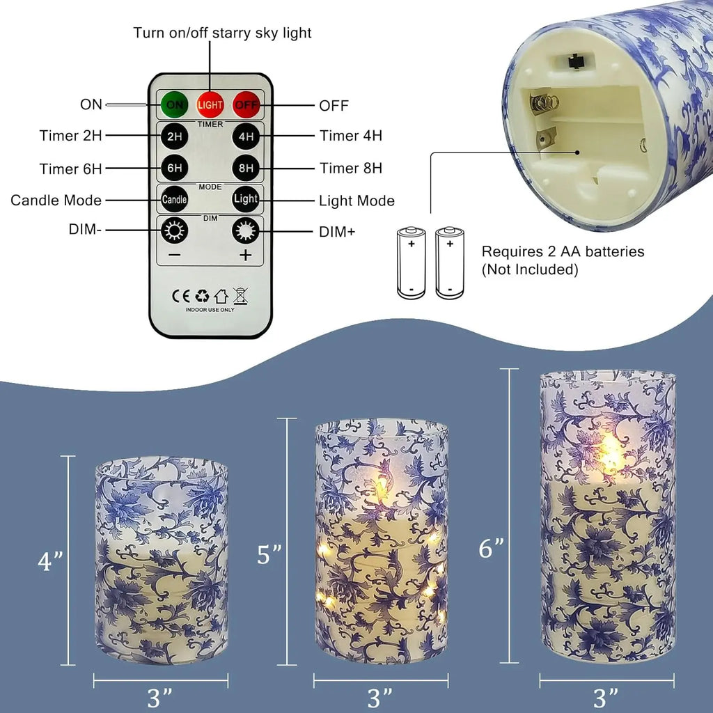 Home Decor Set Blue White Floral Flickering Flameless LED Candles Recessed String Light 3D Wick Acrylic LED Candles