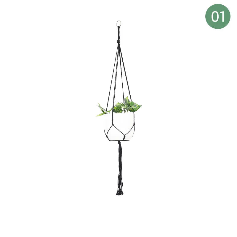 Hot Sale Boho Black Macrame Plant Hanger Hanging Basket with Wood Beads and Tassels for Garden Home Decor