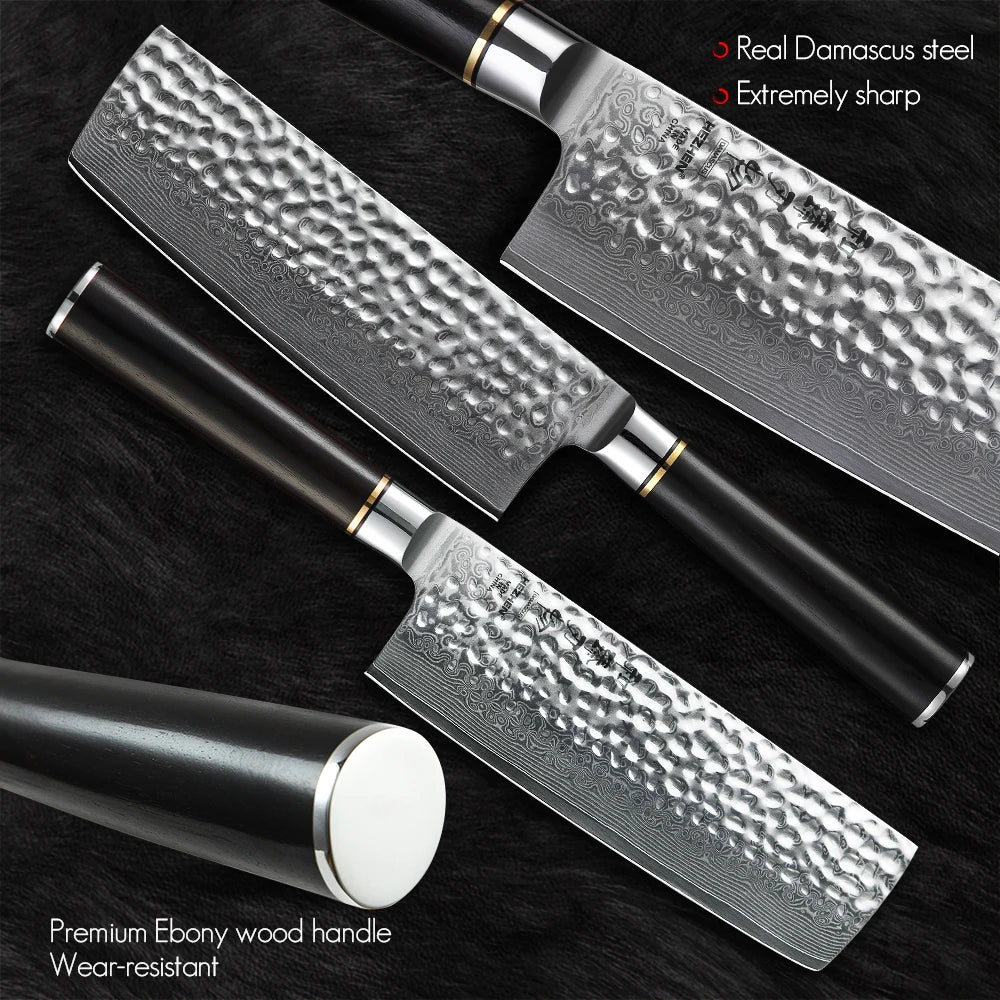 Kitchen Knife 6.8'' Nakiri Knife Japanese Damascus Steel Butcher Meat Cleaver Vegetable Knives Cooking Cutter Ebony Handle