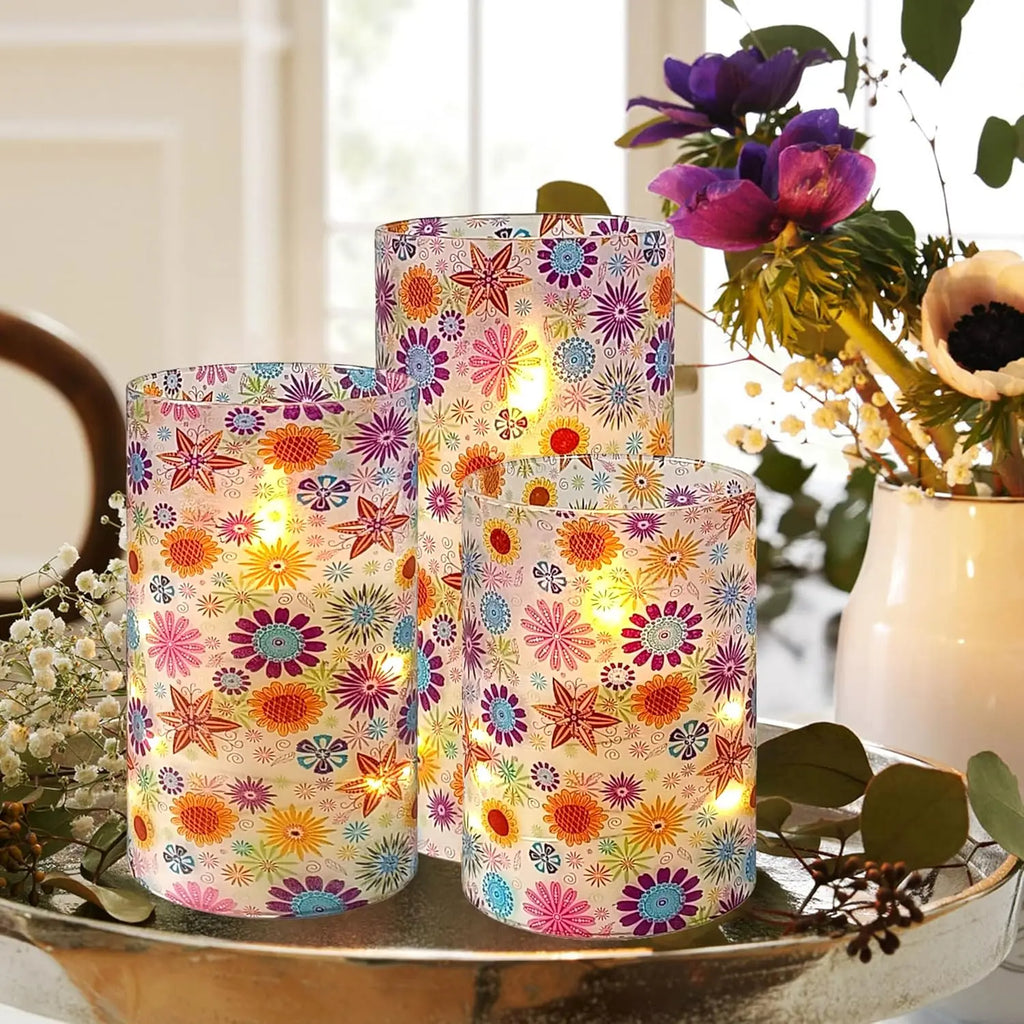 Bohemia Home Decor Set 3 Sunflower-Themed LED Pillar Candles Remote Timer Flameless Flickering 3D Wick Acrylic Recessed