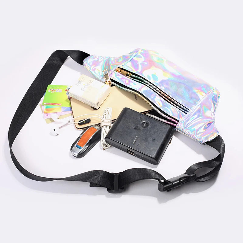 Lightweight PU Laser Holographic Travel Women's Waterproof Fanny Pack Outdoor Zipper Waist Bag with Custom Logo