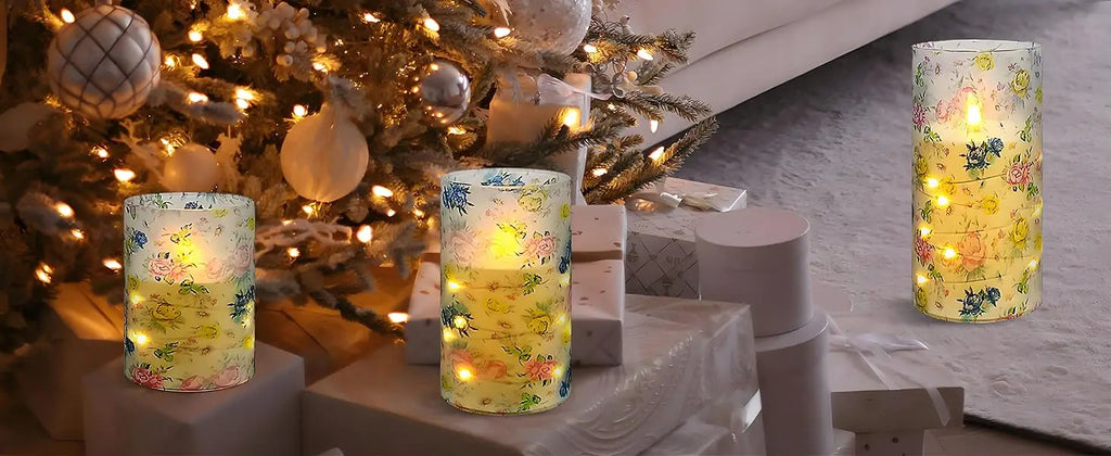 Home Decor Set Blue White Floral Flickering Flameless LED Candles Recessed String Light 3D Wick Acrylic LED Candles