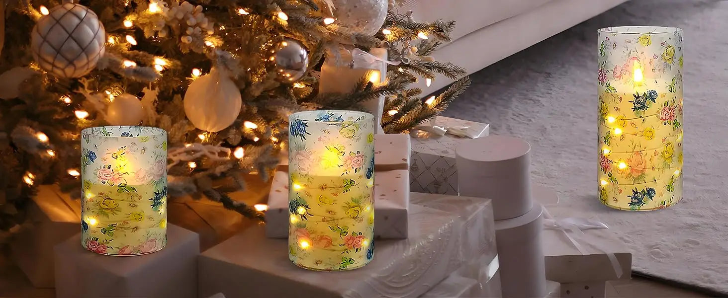Home Decor Set Blue White Floral Flickering Flameless LED Candles Recessed String Light 3D Wick Acrylic LED Candles