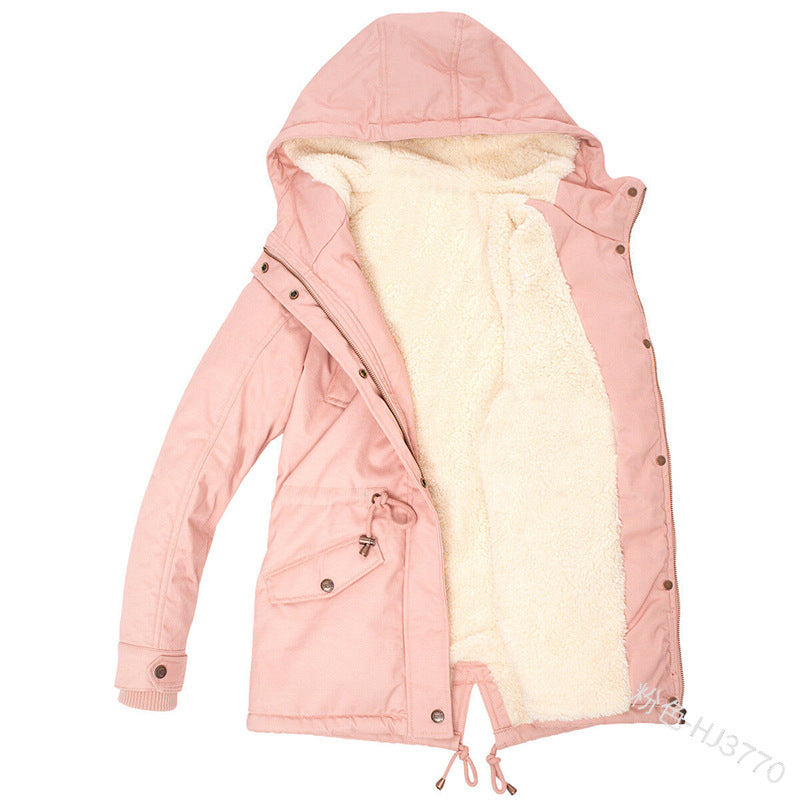 Foreign Trade Winter New Hot Hooded Waist Slimming Plus Velvet Thickened Warm Cotton Clothes Women's Mid-length Cotton-padded Jacket