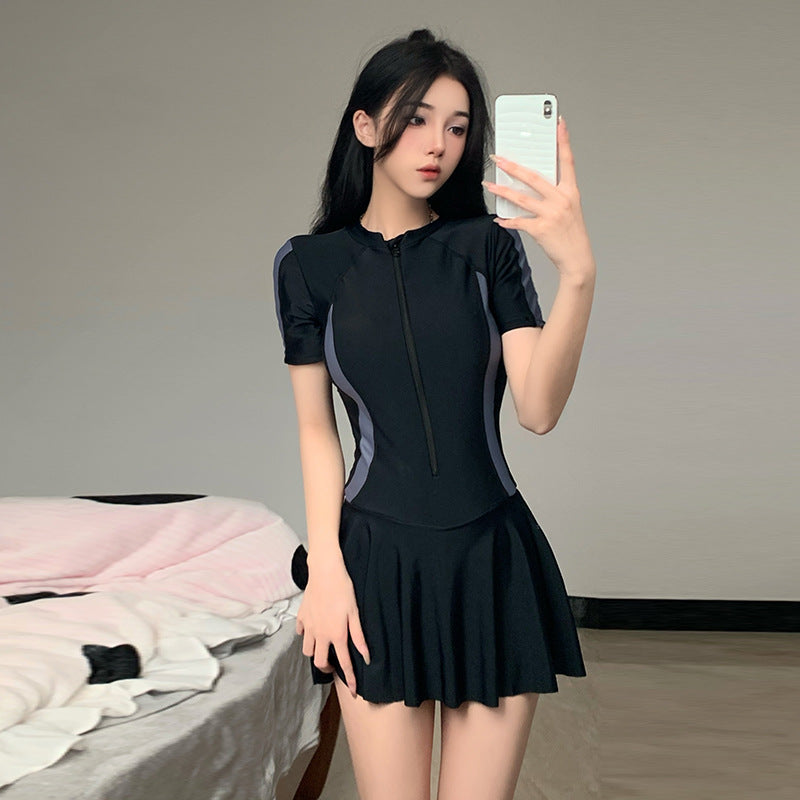2025 New Swimsuit Women's Summer One-Piece Skirt Covering Belly, Slimming, Conservative Long-Sleeved Student Sports Swimwear Super Fairy
