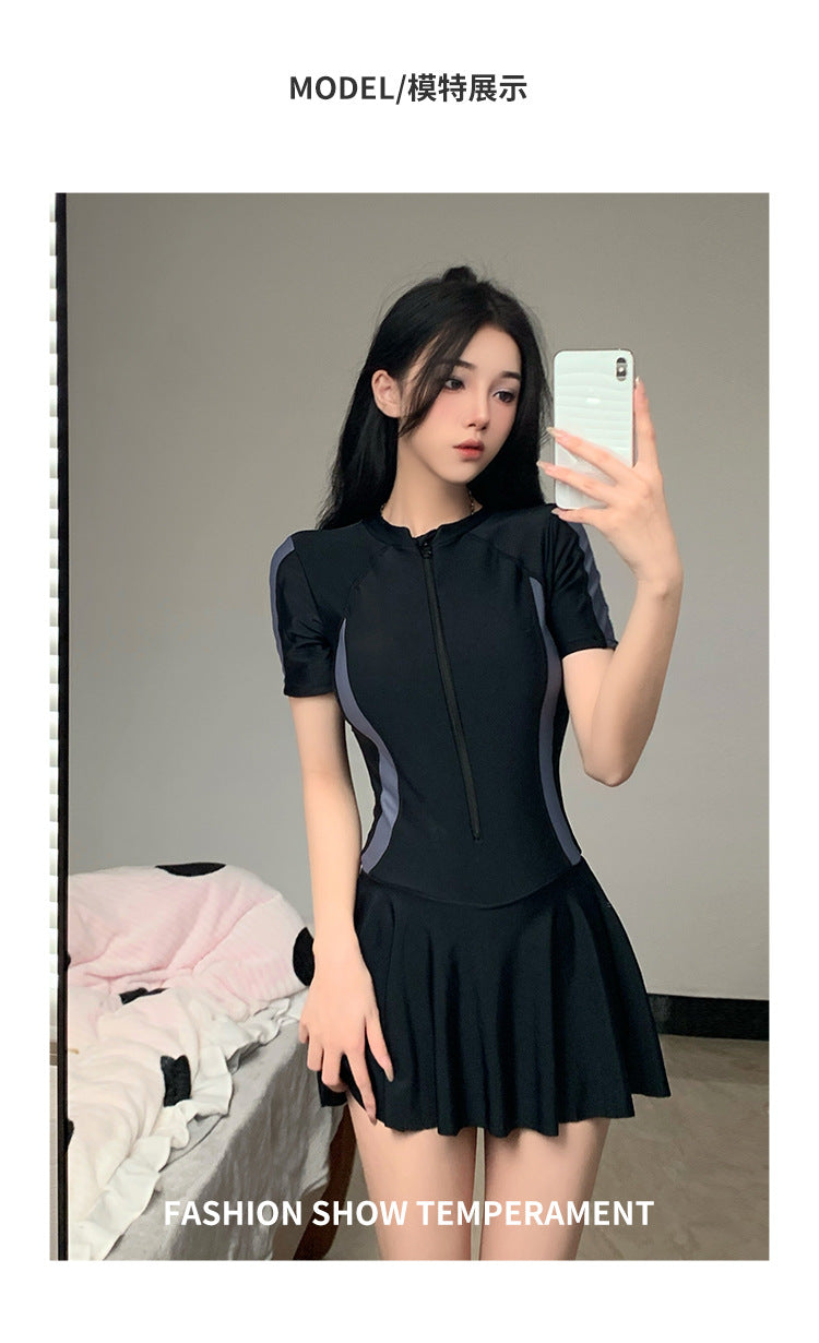 2025 New Swimsuit Women's Summer One-Piece Skirt Covering Belly, Slimming, Conservative Long-Sleeved Student Sports Swimwear Super Fairy