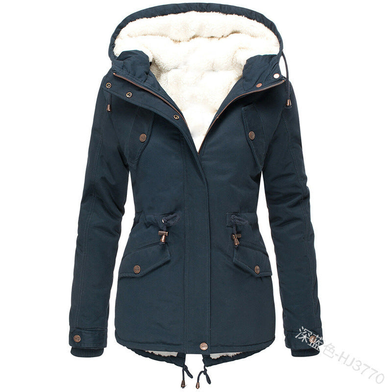 Foreign Trade Winter New Hot Hooded Waist Slimming Plus Velvet Thickened Warm Cotton Clothes Women's Mid-length Cotton-padded Jacket