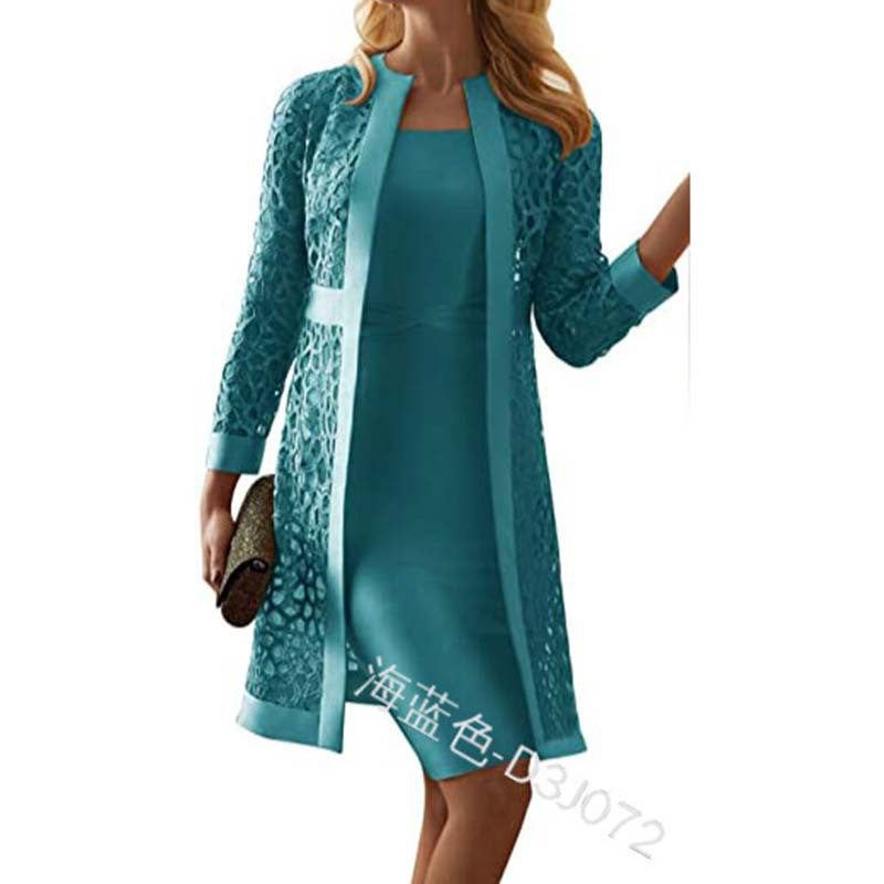2025 Spot New Women's Color Lace Cardigan Dress Two-Piece Outwear Amazon Wish Export