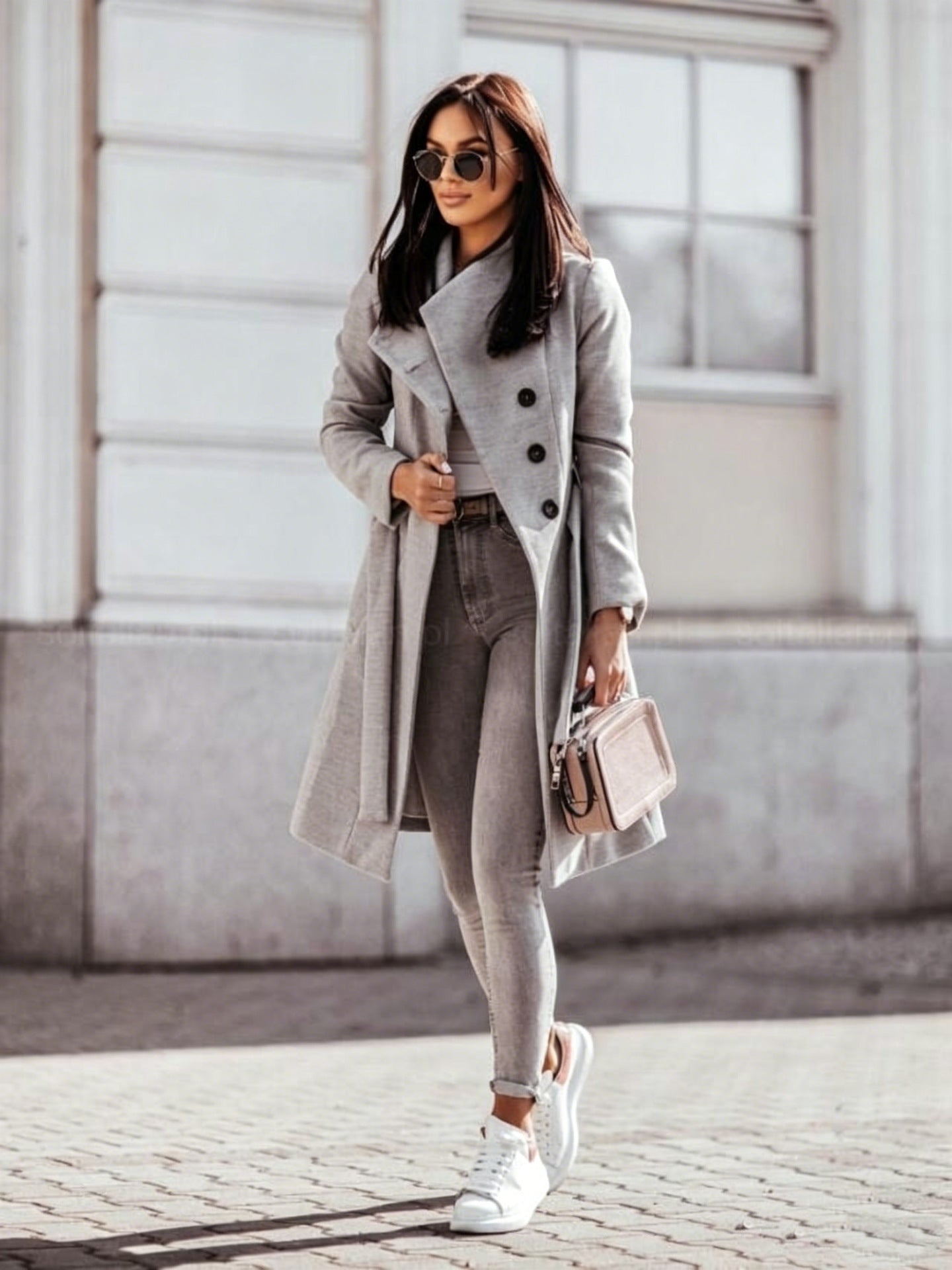 2026 Autumn/Winter European and American New Cross-Border Women's Clothing Amazon Woolen Coat Solid Color Tie-Up Mid-Length Woolen Jacket