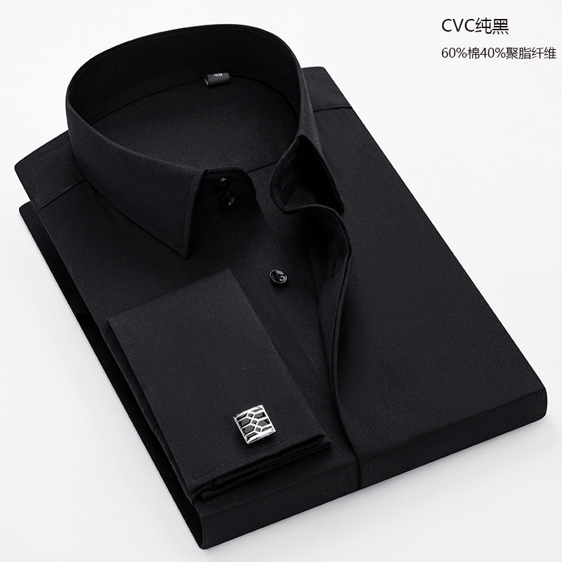 Men's French Cufflinks Shirt Business Formal Dress Sleeve Studs Solid Color Non-ironing Double Stacked Sleeve Hidden Button Shirt Slim-fit Korean Style
