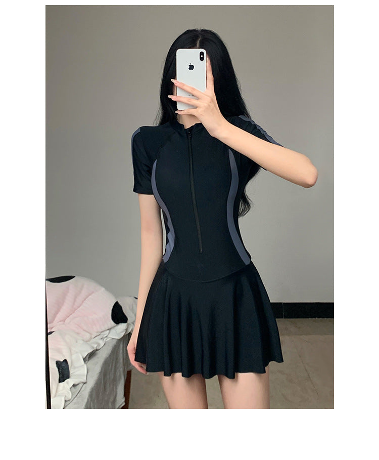 2025 New Swimsuit Women's Summer One-Piece Skirt Covering Belly, Slimming, Conservative Long-Sleeved Student Sports Swimwear Super Fairy