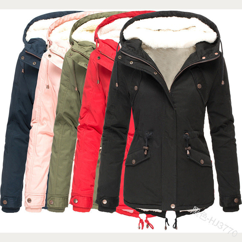 Foreign Trade Winter New Hot Hooded Waist Slimming Plus Velvet Thickened Warm Cotton Clothes Women's Mid-length Cotton-padded Jacket