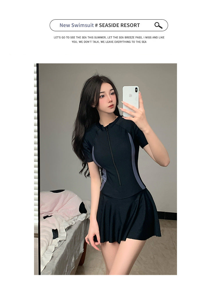 2025 New Swimsuit Women's Summer One-Piece Skirt Covering Belly, Slimming, Conservative Long-Sleeved Student Sports Swimwear Super Fairy