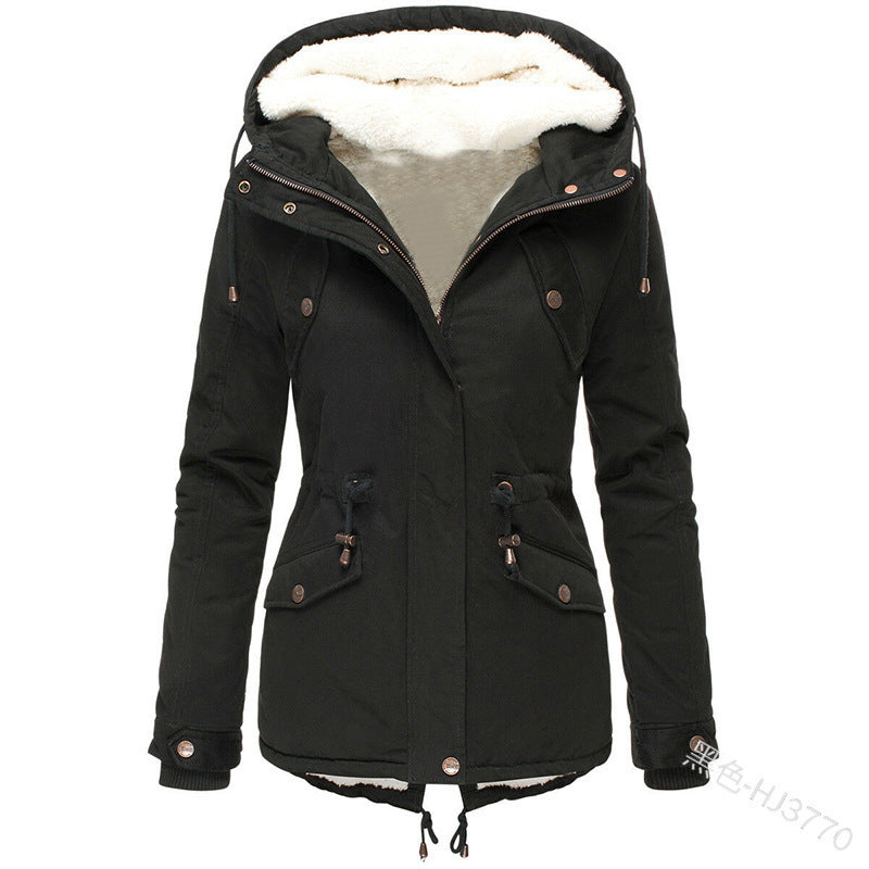 Foreign Trade Winter New Hot Hooded Waist Slimming Plus Velvet Thickened Warm Cotton Clothes Women's Mid-length Cotton-padded Jacket