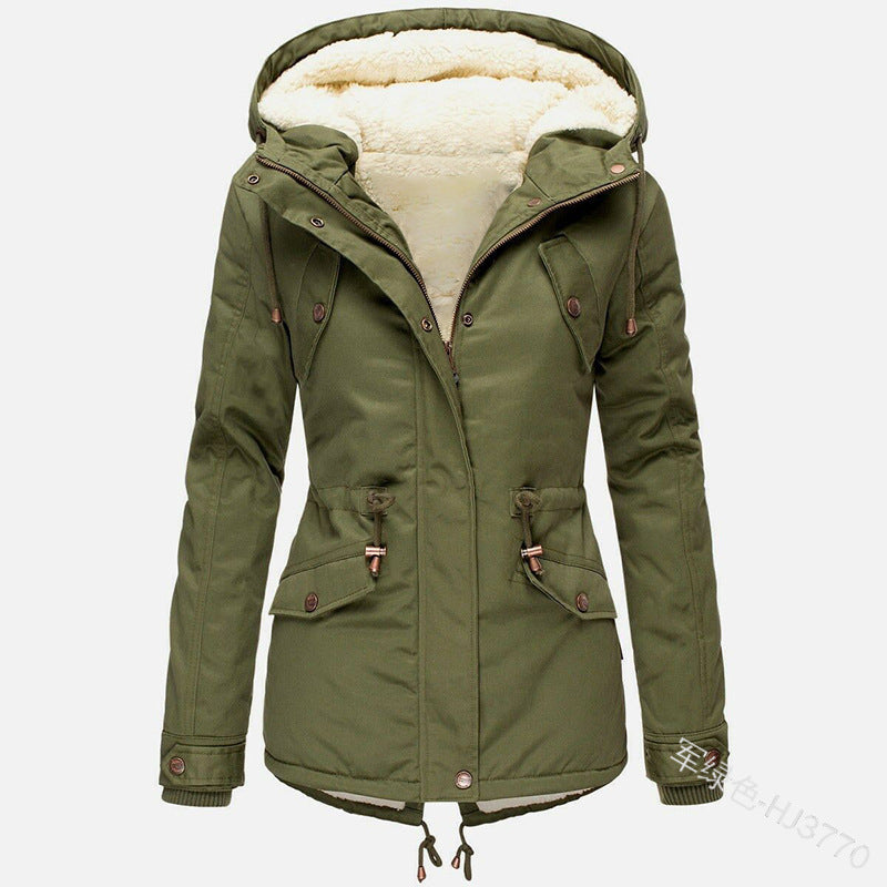 Foreign Trade Winter New Hot Hooded Waist Slimming Plus Velvet Thickened Warm Cotton Clothes Women's Mid-length Cotton-padded Jacket