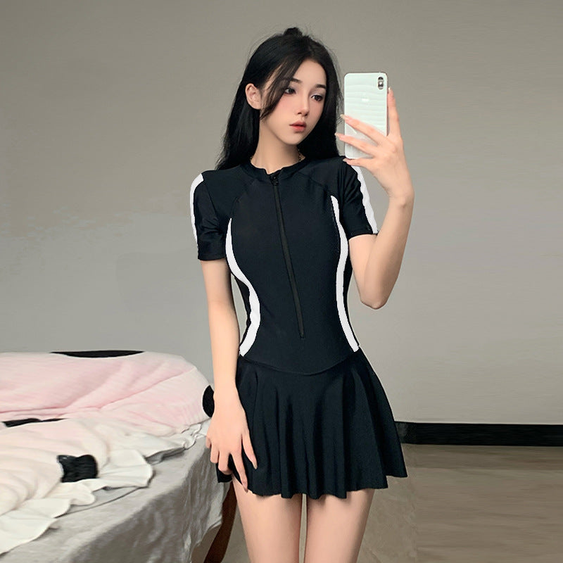 2025 New Swimsuit Women's Summer One-Piece Skirt Covering Belly, Slimming, Conservative Long-Sleeved Student Sports Swimwear Super Fairy