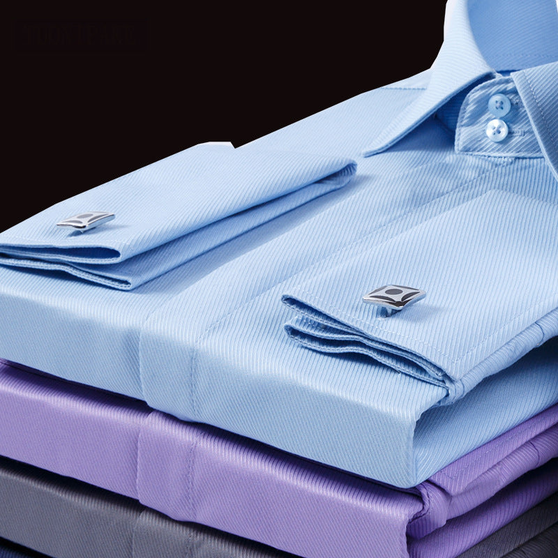 Men's French Cufflinks Shirt Business Formal Dress Sleeve Studs Solid Color Non-ironing Double Stacked Sleeve Hidden Button Shirt Slim-fit Korean Style