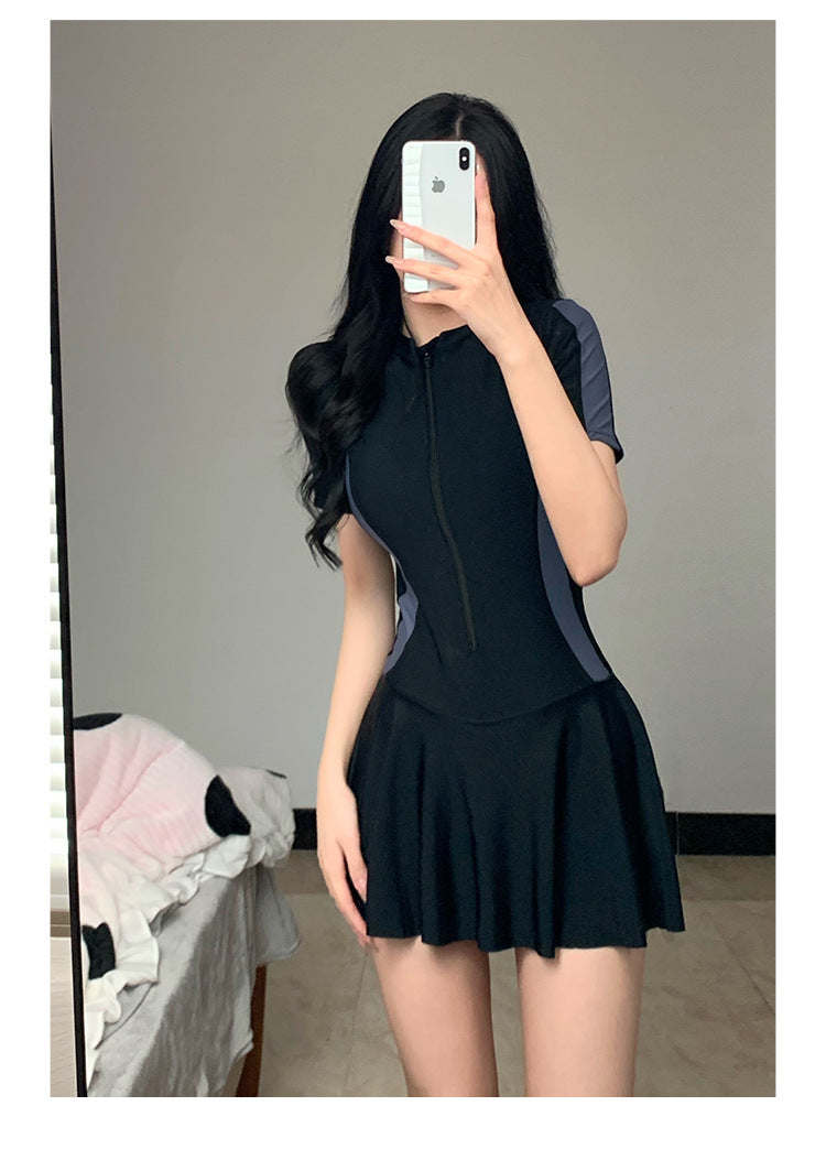 2025 New Swimsuit Women's Summer One-Piece Skirt Covering Belly, Slimming, Conservative Long-Sleeved Student Sports Swimwear Super Fairy