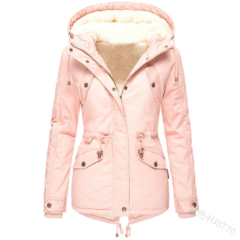 Foreign Trade Winter New Hot Hooded Waist Slimming Plus Velvet Thickened Warm Cotton Clothes Women's Mid-length Cotton-padded Jacket
