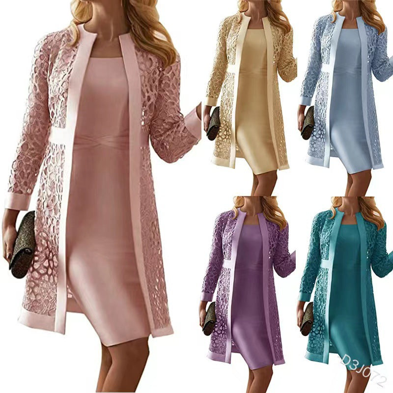 2025 Spot New Women's Color Lace Cardigan Dress Two-Piece Outwear Amazon Wish Export