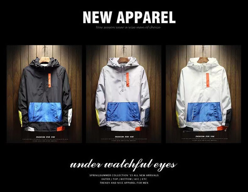 K-Style 2025 New Spring Men's Hooded Jacket Men's Color Matching Trendyy Loose Casual Pullover Baseball Uniform for Men