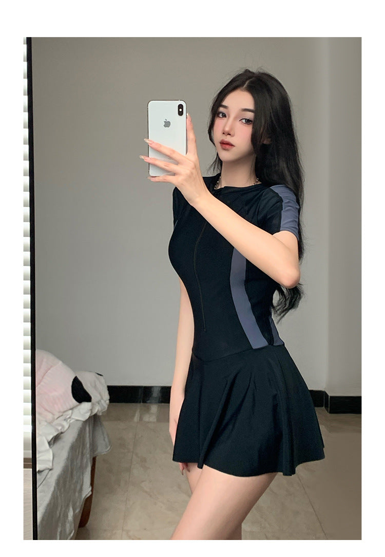2025 New Swimsuit Women's Summer One-Piece Skirt Covering Belly, Slimming, Conservative Long-Sleeved Student Sports Swimwear Super Fairy