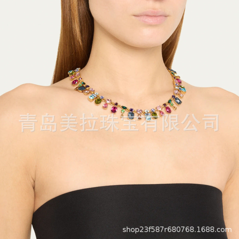 OSCAR Live Cross-border Color Crystal Dopamine Color Combination Light Luxury Niche Design Temperament Advanced Clavicle Neckchain