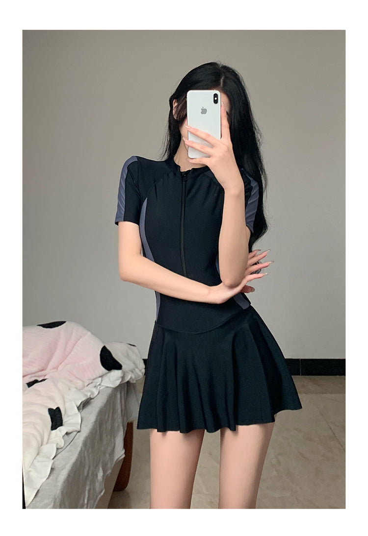 2025 New Swimsuit Women's Summer One-Piece Skirt Covering Belly, Slimming, Conservative Long-Sleeved Student Sports Swimwear Super Fairy