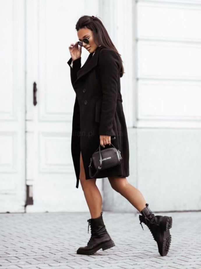 2026 Autumn/Winter European and American New Cross-Border Women's Clothing Amazon Woolen Coat Solid Color Tie-Up Mid-Length Woolen Jacket