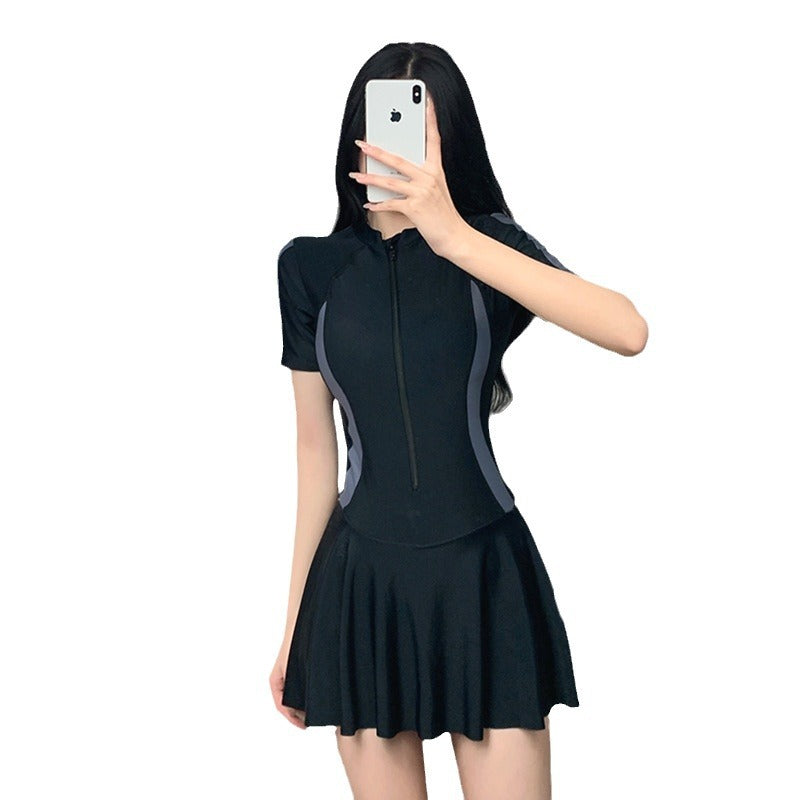 2025 New Swimsuit Women's Summer One-Piece Skirt Covering Belly, Slimming, Conservative Long-Sleeved Student Sports Swimwear Super Fairy