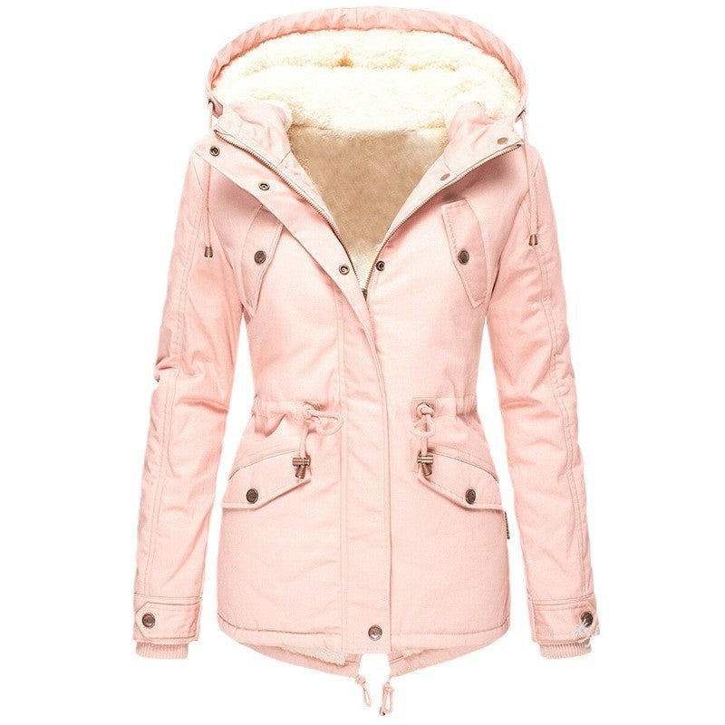 Foreign Trade Winter New Hot Hooded Waist Slimming Plus Velvet Thickened Warm Cotton Clothes Women's Mid-length Cotton-padded Jacket