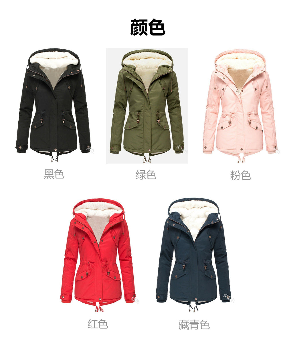 Foreign Trade Winter New Hot Hooded Waist Slimming Plus Velvet Thickened Warm Cotton Clothes Women's Mid-length Cotton-padded Jacket