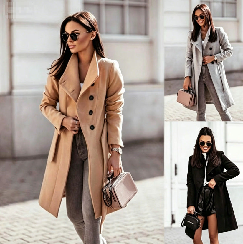 2026 Autumn/Winter European and American New Cross-Border Women's Clothing Amazon Woolen Coat Solid Color Tie-Up Mid-Length Woolen Jacket