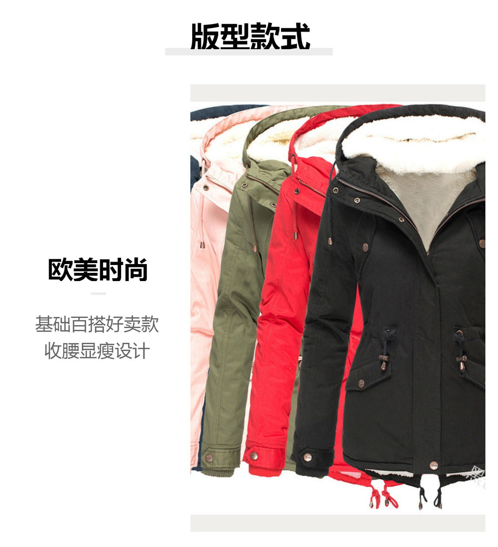 Foreign Trade Winter New Hot Hooded Waist Slimming Plus Velvet Thickened Warm Cotton Clothes Women's Mid-length Cotton-padded Jacket