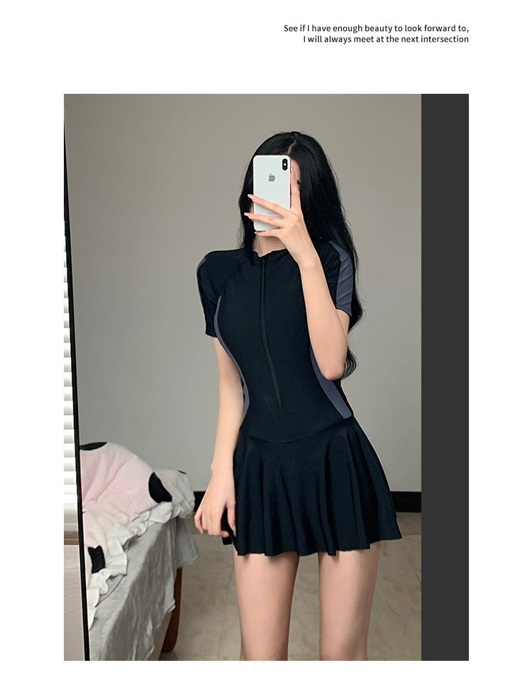 2025 New Swimsuit Women's Summer One-Piece Skirt Covering Belly, Slimming, Conservative Long-Sleeved Student Sports Swimwear Super Fairy