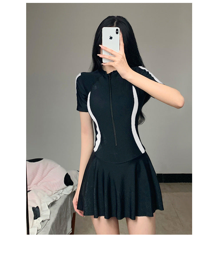 2025 New Swimsuit Women's Summer One-Piece Skirt Covering Belly, Slimming, Conservative Long-Sleeved Student Sports Swimwear Super Fairy