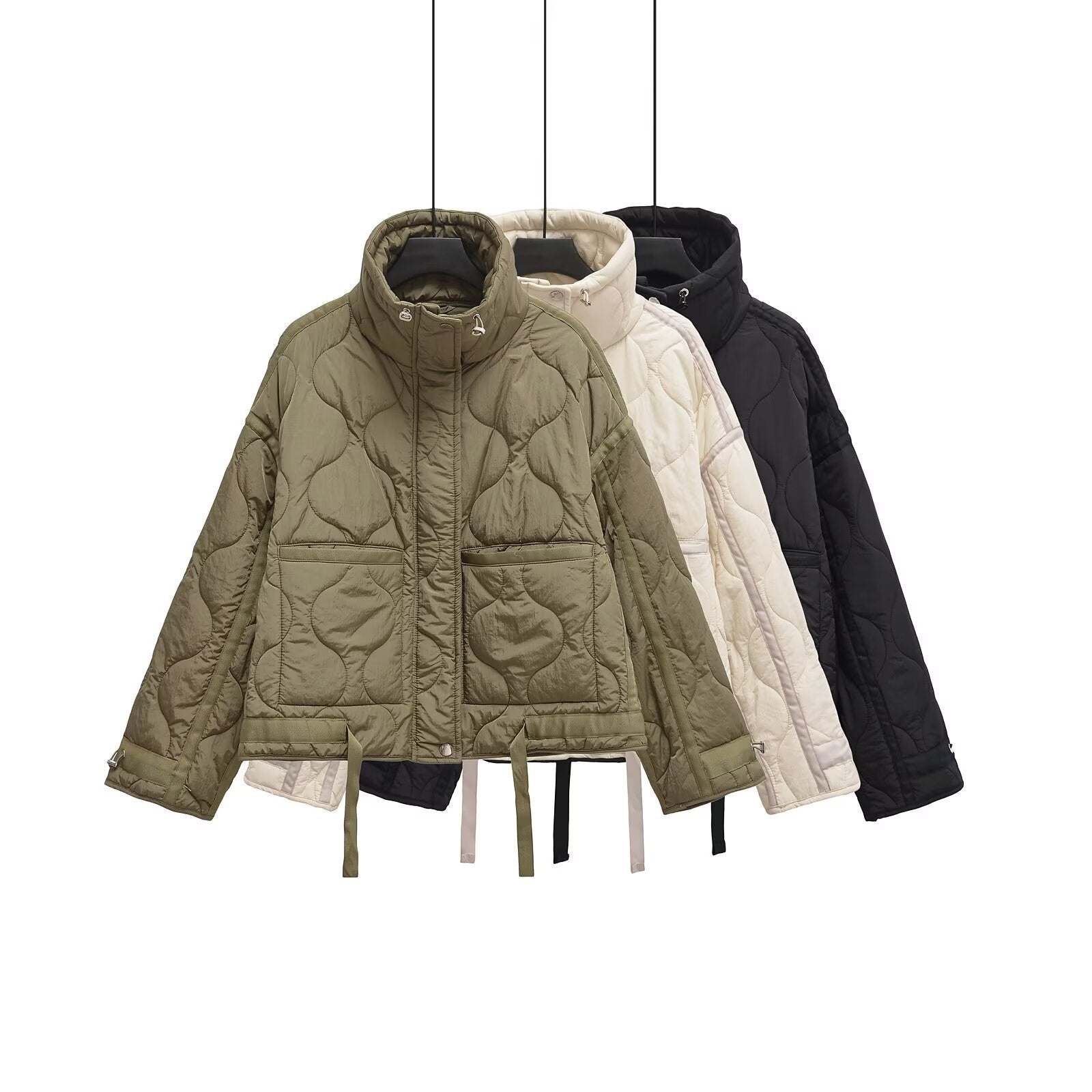 Cross-border European and American Women's AliExpress Explosions Stand Collar Corrugated Cotton-padded Jacket Cuff Drawstring Loose Jacket