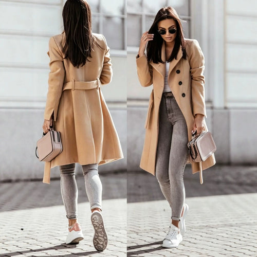 2026 Autumn/Winter European and American New Cross-Border Women's Clothing Amazon Woolen Coat Solid Color Tie-Up Mid-Length Woolen Jacket