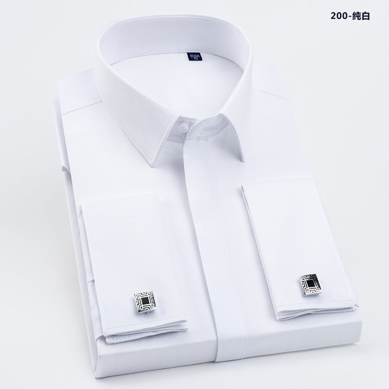 Men's French Cufflinks Shirt Business Formal Dress Sleeve Studs Solid Color Non-ironing Double Stacked Sleeve Hidden Button Shirt Slim-fit Korean Style