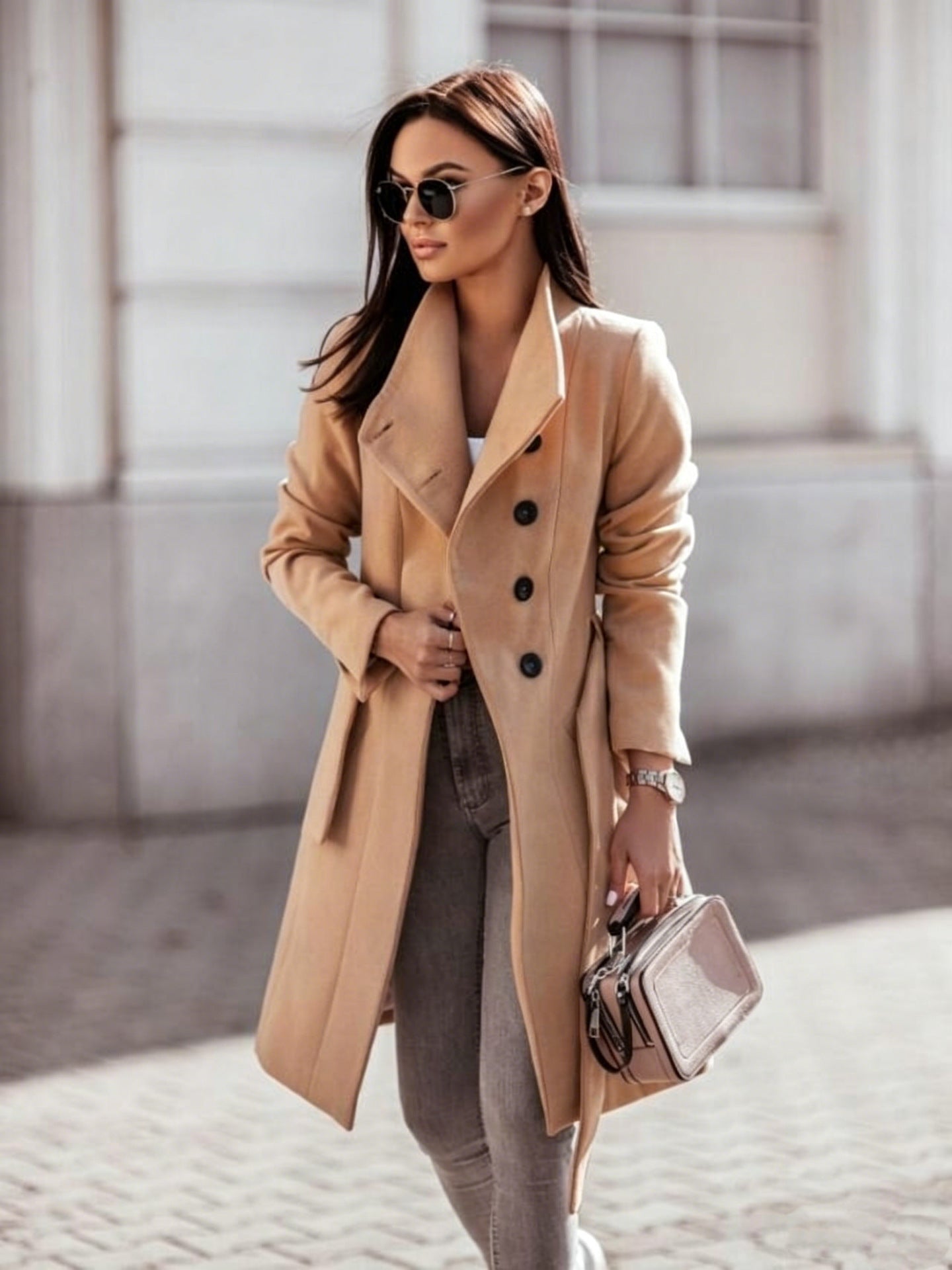 2026 Autumn/Winter European and American New Cross-Border Women's Clothing Amazon Woolen Coat Solid Color Tie-Up Mid-Length Woolen Jacket