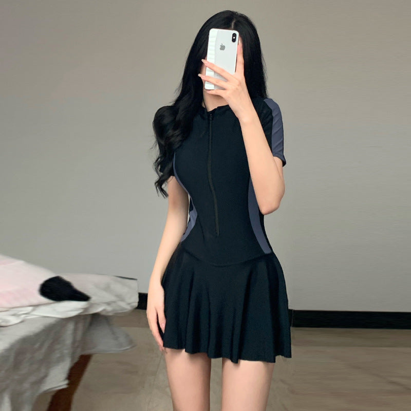 2025 New Swimsuit Women's Summer One-Piece Skirt Covering Belly, Slimming, Conservative Long-Sleeved Student Sports Swimwear Super Fairy