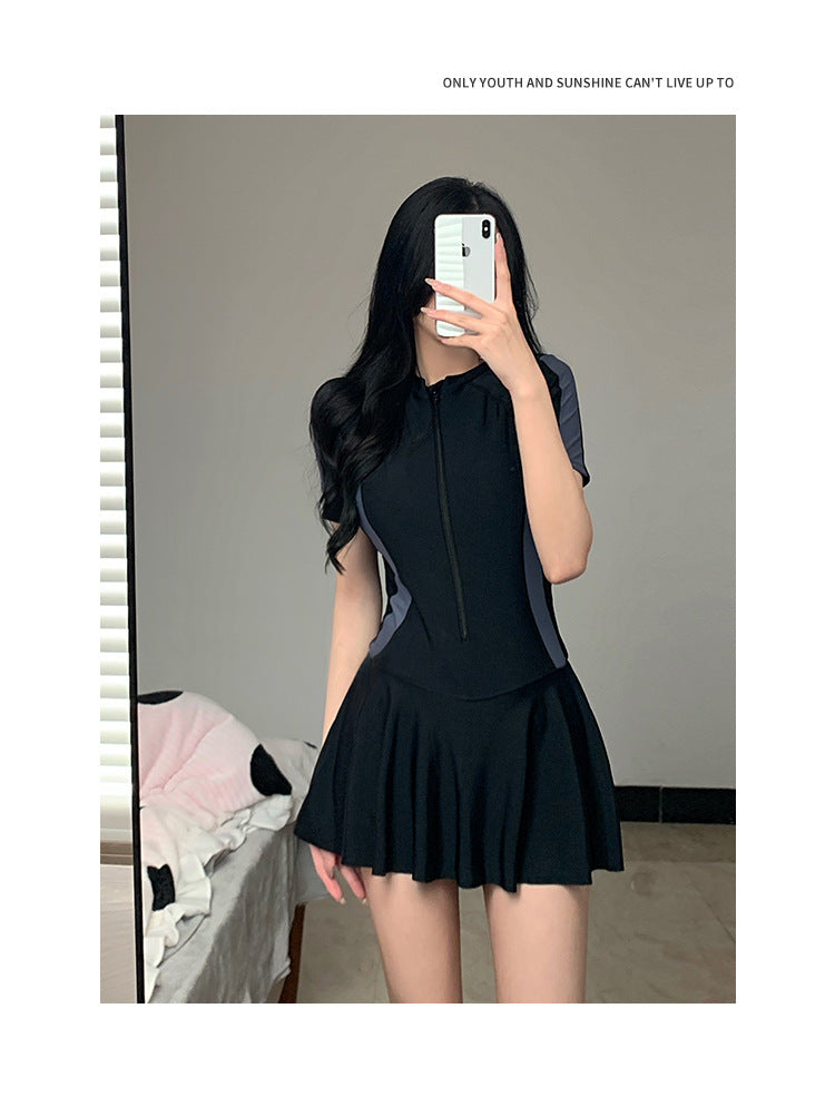2025 New Swimsuit Women's Summer One-Piece Skirt Covering Belly, Slimming, Conservative Long-Sleeved Student Sports Swimwear Super Fairy