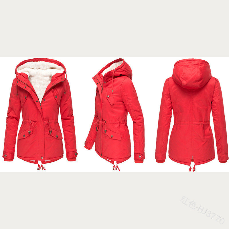 Foreign Trade Winter New Hot Hooded Waist Slimming Plus Velvet Thickened Warm Cotton Clothes Women's Mid-length Cotton-padded Jacket