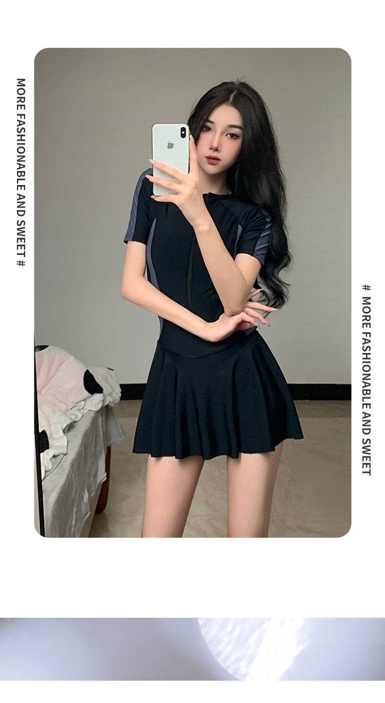 2025 New Swimsuit Women's Summer One-Piece Skirt Covering Belly, Slimming, Conservative Long-Sleeved Student Sports Swimwear Super Fairy