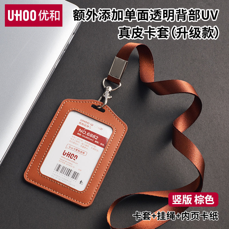 Genuine Leather Card Holder with Single Transparent Window for Work Id, Printed Work Badge, Dual Card Slots, Business Name Tag, Employee Badge, Leather Card Holder