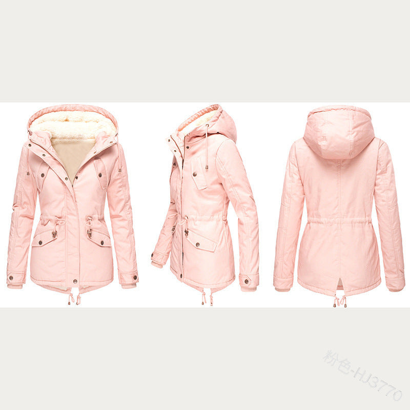 Foreign Trade Winter New Hot Hooded Waist Slimming Plus Velvet Thickened Warm Cotton Clothes Women's Mid-length Cotton-padded Jacket
