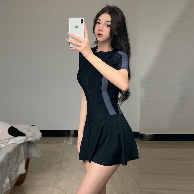 2025 New Swimsuit Women's Summer One-Piece Skirt Covering Belly, Slimming, Conservative Long-Sleeved Student Sports Swimwear Super Fairy