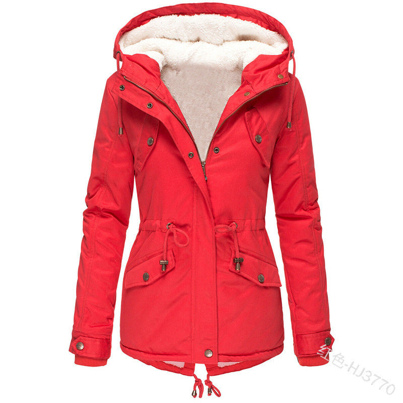 Foreign Trade Winter New Hot Hooded Waist Slimming Plus Velvet Thickened Warm Cotton Clothes Women's Mid-length Cotton-padded Jacket